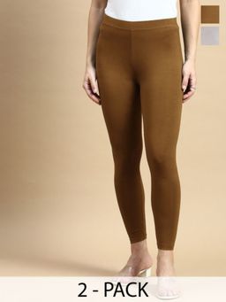 De Moza - Light Grey and Brown Oak Ankle Length Leggings Solid Viscose (Pack of 2)