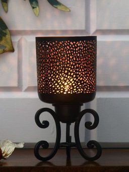 At Home by Nilkamal - Hurricane Metal Jali Candle Stand|Pack of 1|13 cm x 25.7 cm|Brown