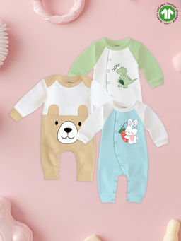 Kidbea - Dinosaur Bunny & Bear Print Organic Cotton Baby Rompers (Pack of 3)