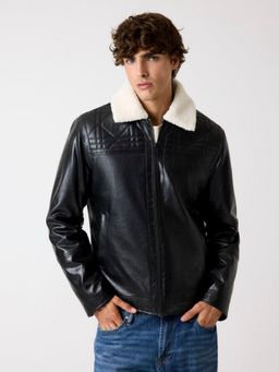 Guess - Black Polyurethane Full Sleeves Jacket