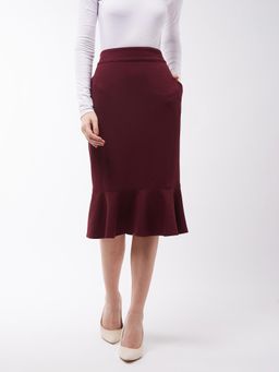 Miss Chase - Women's Red Solid Polyester Slim Fit Knee Length Skirt