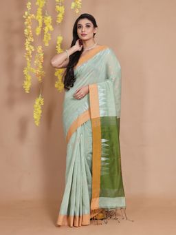 CHARUKRITI - Tea Green Cotton Zari & Temple Borders Handwoven Saree with Unstitched Blouse