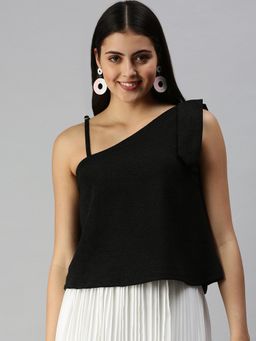 SHOWOFFFF - Women One Shoulder Sleeveless Ribbed Black Top