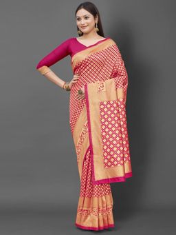 Akhilam - Womens Silk Blend Pink Woven Design Celebrity Saree with Unstitched Blouse