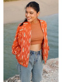 Okhai - Deccan Orange Ikkat Pure Cotton Bomber Jacket