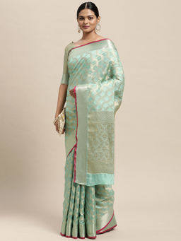 Sareemall - Womens Silk Blend Sea Green Woven Design Saree with Unstitched Blouse