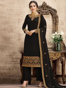 Stylee LIFESTYLE - Black Georgette Embroidered Dress Material (Set of 3)