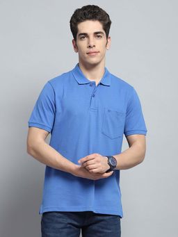Monte Carlo - Mens Solid Blue Collar Neck Half Sleeve Polo T-Shirt