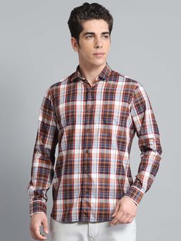 Monte Carlo - Mens Checks Brown Collar Neck Full Sleeve Shirt