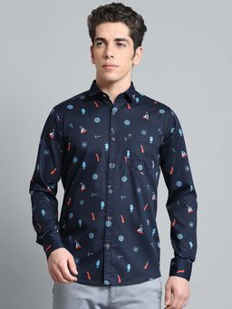 Monte Carlo - Mens Printed Navy Blue Collar Neck Full Sleeve Shirt