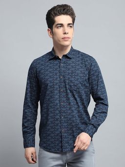 Monte Carlo - Mens Printed Navy Blue Collar Neck Full Sleeve Shirt