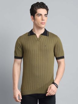 Monte Carlo - Mens Striped Olive Collar Neck Half Sleeve Polo T-Shirt