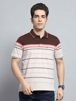 Monte Carlo - Mens Striped Brown Collar Neck Half Sleeve Polo T-Shirt