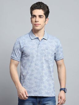 Monte Carlo - Mens Floral Blue Collar Neck Half Sleeve Polo T-Shirt