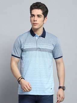 Monte Carlo - Mens Striped Sky Blue Collar Neck Half Sleeve Polo T-Shirt