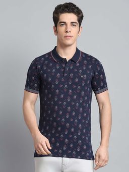Monte Carlo - Mens Floral Navy Blue Collar Neck Half Sleeve Polo T-Shirt