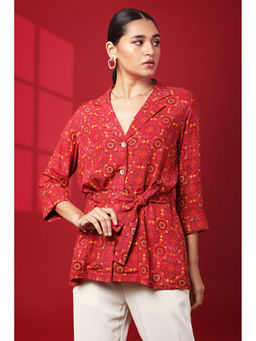 TAMISKA BY NARENDRA KUMAR - Crimson Tie Up Top with Belt (Set of 2)