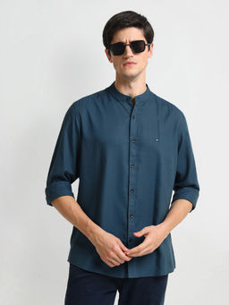 Arrow Sports - Navy Blue Mandarin Collar Twill Shirt