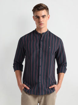 Arrow Sports - Navy Blue Mandarin Collar Vertical Stripe Shirt