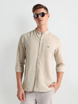 Arrow Sports - Beige Mandarin Collar Linen Shirt