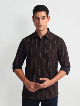 Arrow Sports - Brown Vertical Stripe Twill Shirt