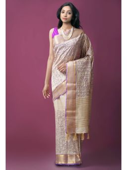 Unnati Silks - Cream Maheshwari Jute Sico Saree with Unstitched Blouse