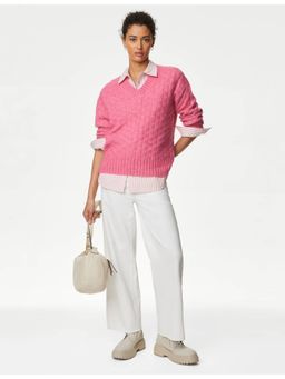 Marks & Spencer - Pink Recycled Blend Textured V-Neck Jumper