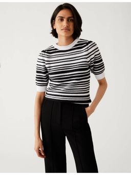 Marks & Spencer - Black Cotton Rich Striped Crew Neck Knitted T-Shirt