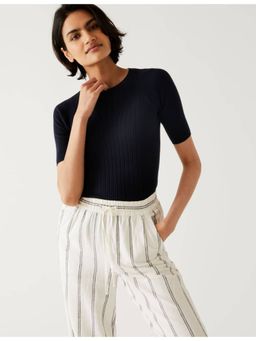 Marks & Spencer - Navy Blue Ribbed Crew Neck Knitted T-Shirt