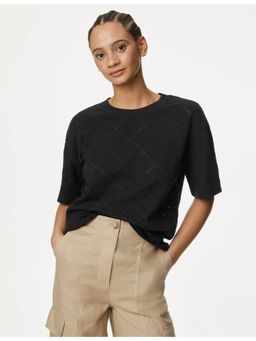 Marks & Spencer - Black Cotton Rich Broderie T-Shirt