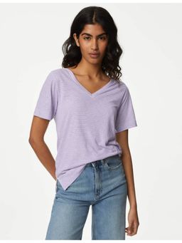 Marks & Spencer - Purple Linen Blend Striped V-Neck Top