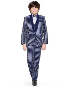 Jeetethnics - Boys Navy Stripes Coat Suit With Waistcoat Shirt & Trousers (Set of 5)