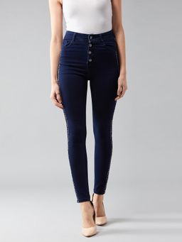 Miss Chase - Women Navy Blue Skinny High Rise Clean Look Cropped Denim Jeans