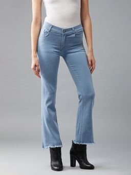 Miss Chase - Women Light Blue Boot Cut High Rise Cropped Stretchable Denim Jeans