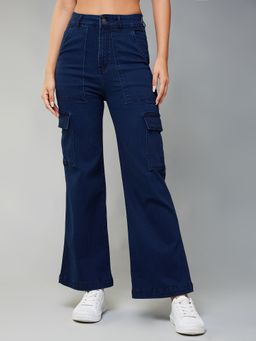 Miss Chase - Women Navy Blue Wide-Leg High-Rise Stretchable Denim Cargo Jeans