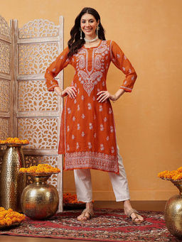 ADA - ethnic Handmade embroidery Orange Georgette Lucknow Chikan Kurta & Slip (Set of 2) A411348