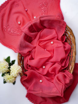 ADA - Hand Embroidered Lucknowi Chikankari Carrot Pink Georgette Dupatta [A511197]