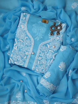 ADA - Hand Embroidered Turquoise Georgette Lucknowi Chikankari Unstitched Dress Material (Set of 3)
