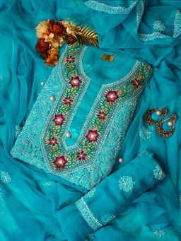 ADA - Hand Embroidered Turquoise Georgette Lucknowi Chikankari Parsi Work Dress Material (Set of 3)