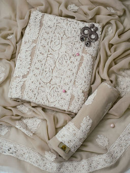 ADA - Hand Embroidered Taupe Fawn Georgette Lucknowi Chikankari Dress Material - A211291 (Set of 3)