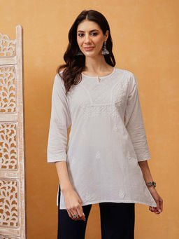 ADA - Hand Embroidered Lucknowi Chikankari White Cotton Kurti
