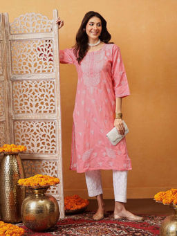 ADA - Peach Casual Embroidery Traditional Cotton Chikankari Kurta (XS) (A100291)