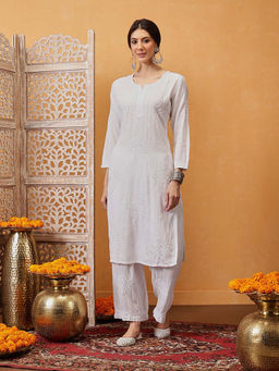 ADA - Embroidered White Lucknow Chikan Kurta With Palazzo (Set of 2) (XS) (A100487)