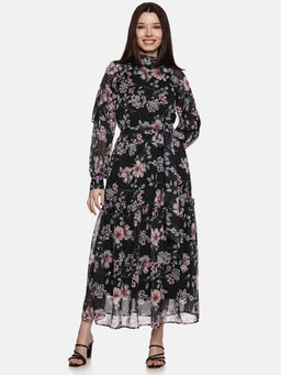 IS.U - Women Black Floral Maxi Dress with Belt