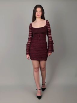 IKI CHIC - Women Maroon Self Design Mini Dress