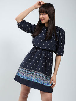 Sera - Women Navy Blue Printed Mini Dress