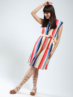 Sera - Women Multi-Color Stripes Knee Length Dress