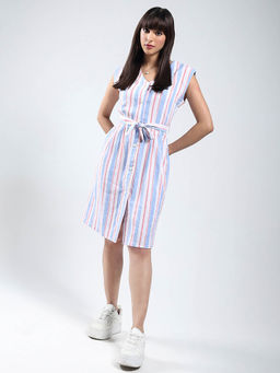 Sera - Women Multi-Color Stripes Knee Length Dress with Belt