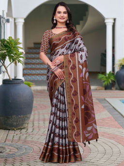 Odette - Silver and Brown Cotton Blend Printed Saree with Unstitched Blouse