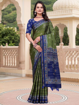 Odette - Olive Cotton Blend Printed Saree with Unstitched Blouse